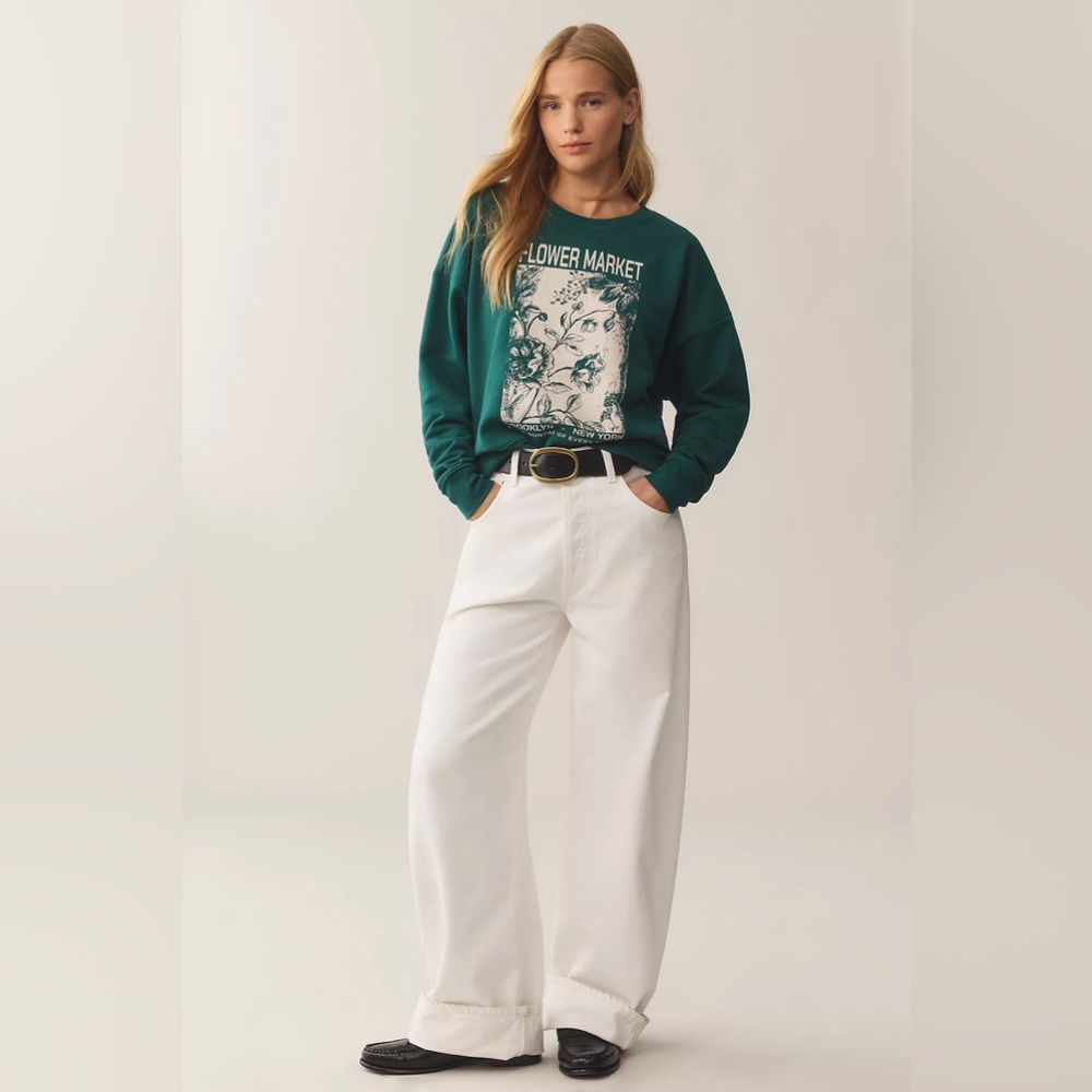 Anthropologie Flower Market Graphic Fleece Green Sweatshirt Size XL
